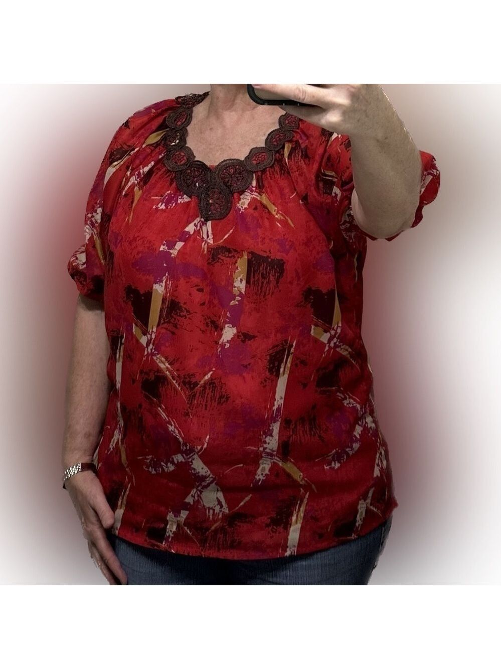 Due Per Due Gorgeous Red Tunic with design of other colors. Crocheted neck trim